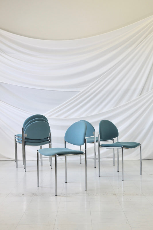 ヴィンテージスタッキングダイニングチェア - クローム&ブルーキャンバス(6脚セット)