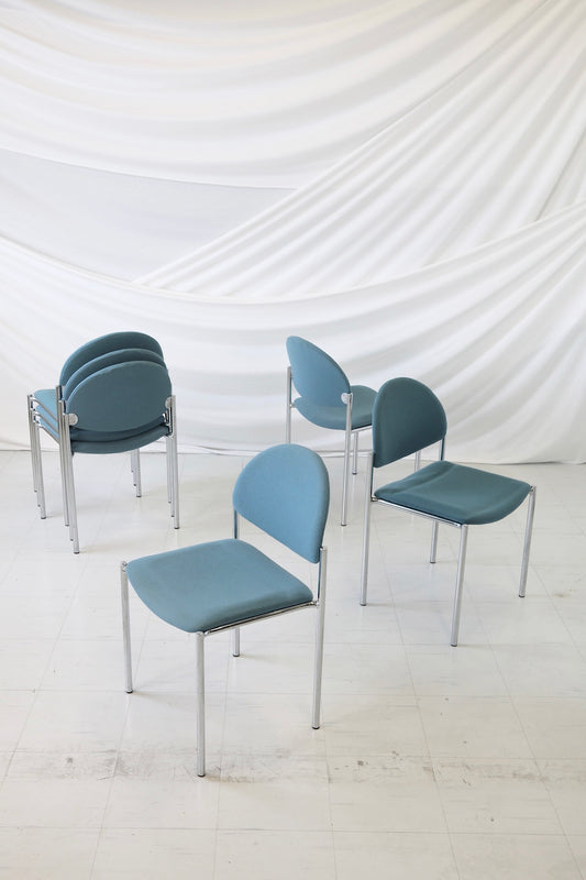 ヴィンテージスタッキングダイニングチェア - クローム&ブルーキャンバス(6脚セット)