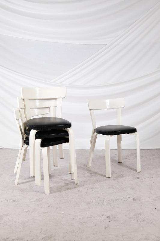Artek 69 Chairs White Frame with Leather Upholstery (4 pcs)