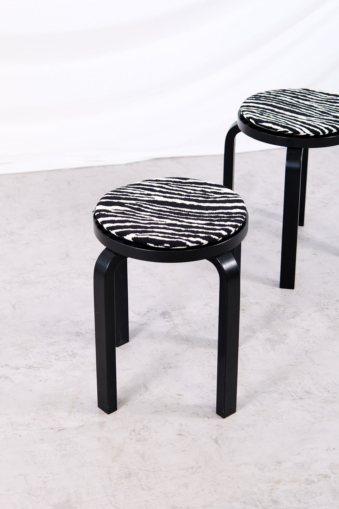Artek E60 Stools, Black with Zebra Cushions