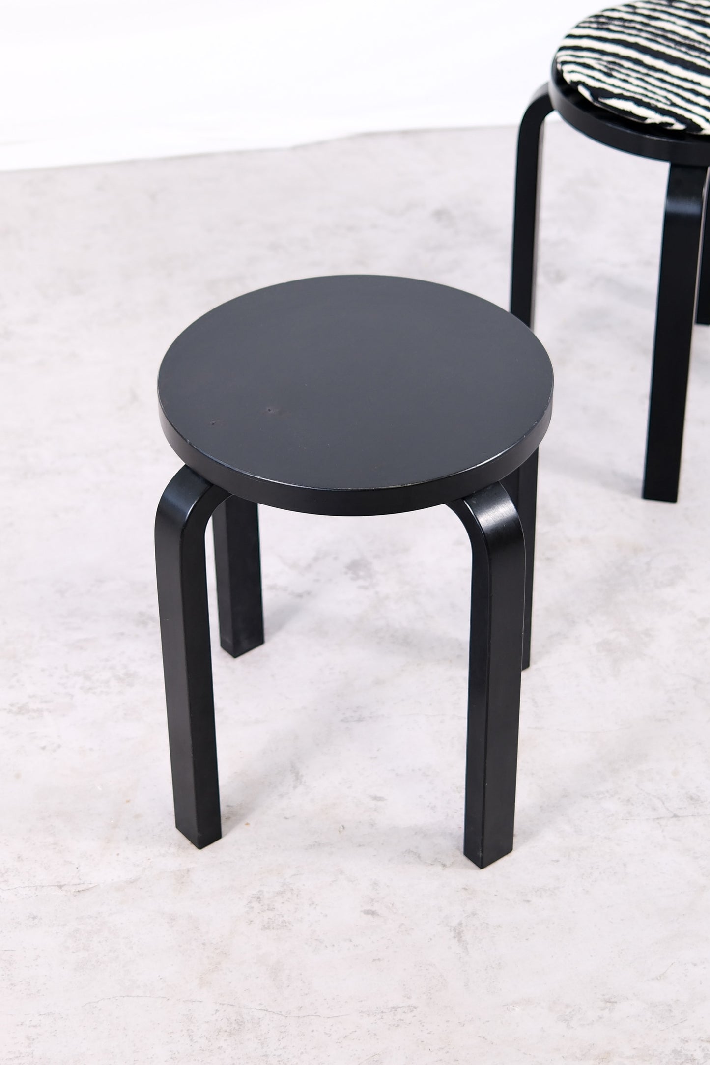 Artek E60 Stools, Black with Zebra Cushions