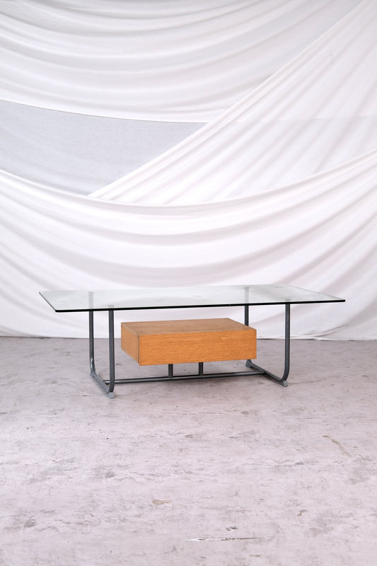 Vintage IKEA Hemberg coffee table with glass top and oak drawer, 1999