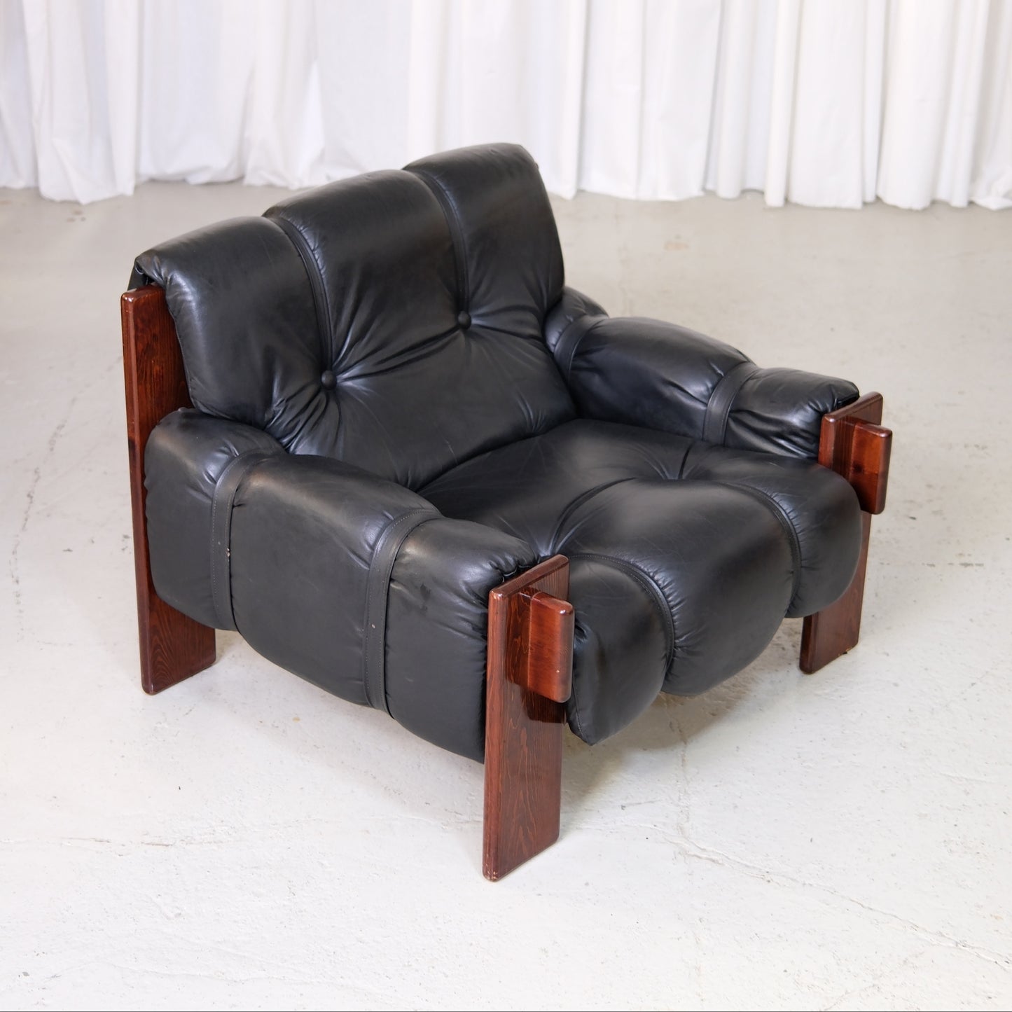 Vintage Brazilian Armchairs in Black Leather and Wood