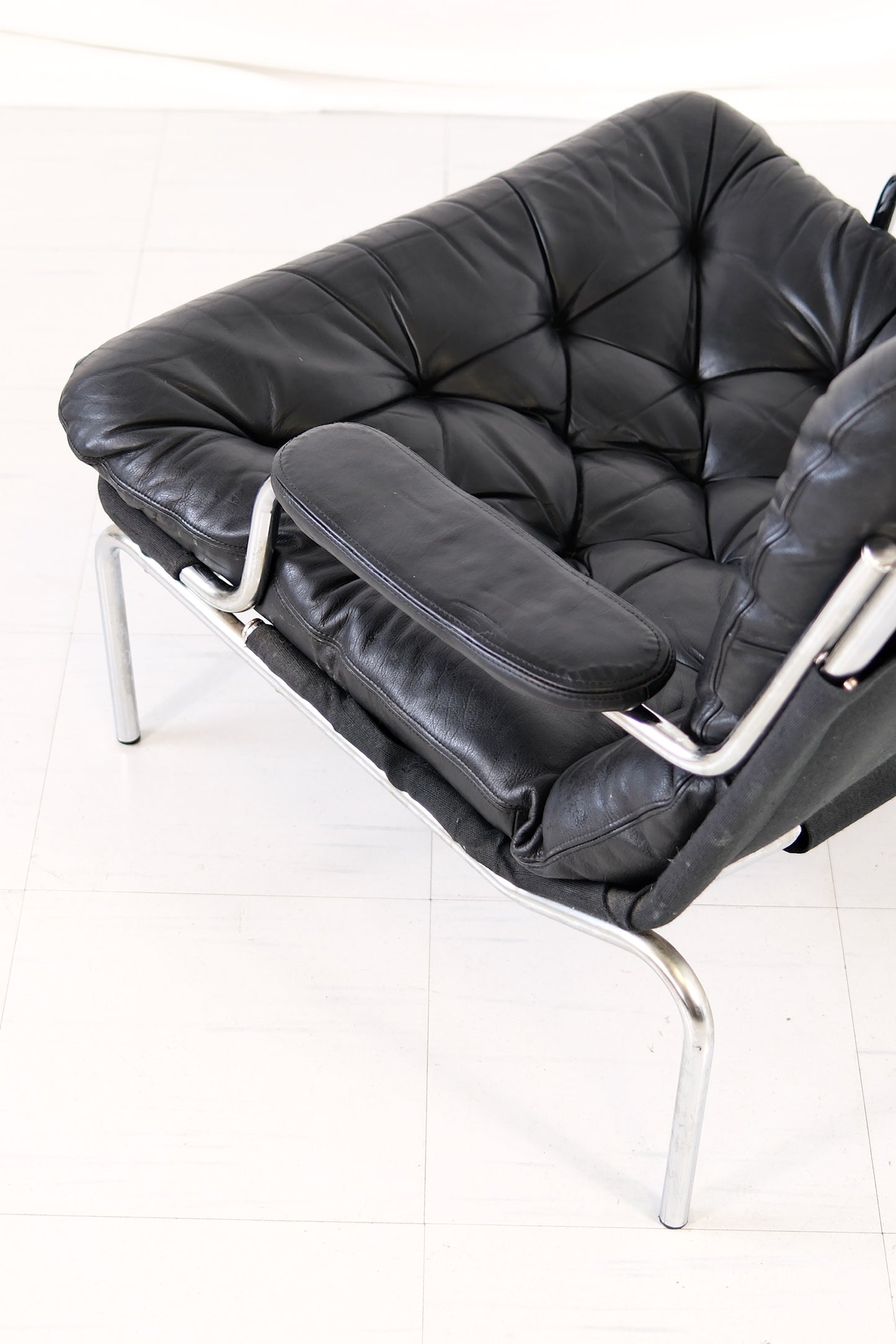 Vintage Danish Leather Armchair Chrome Frame, 1970s