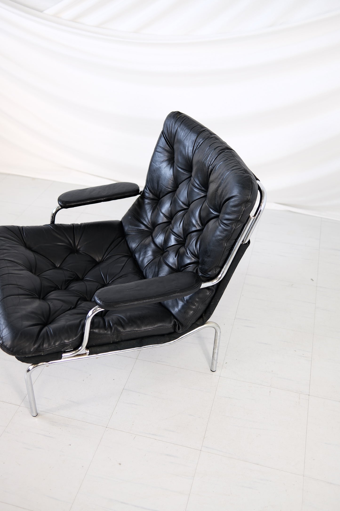 Vintage Danish Leather Armchair Chrome Frame, 1970s