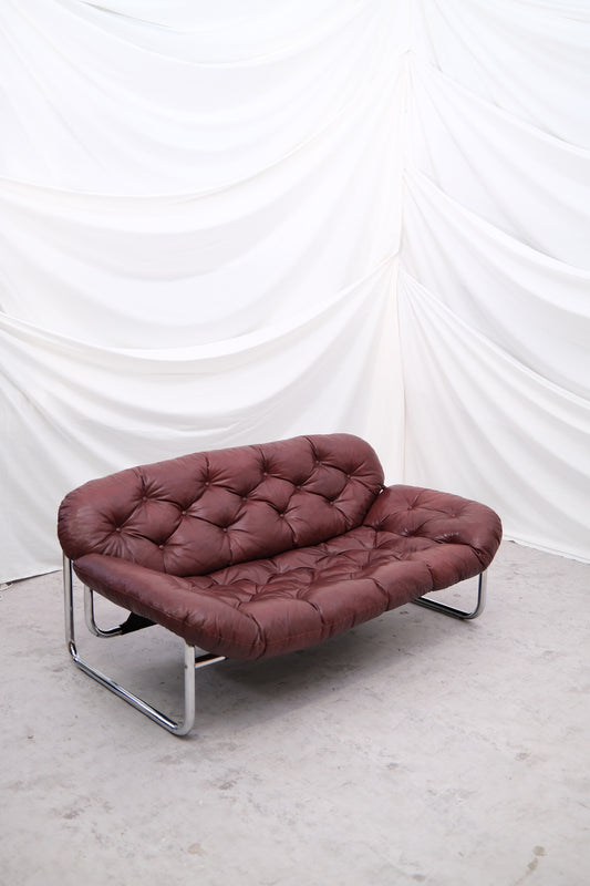 Vintage IKEA 2 Seater Sofa by Johan Bertil Häggström Dark Red Leather, 1970s