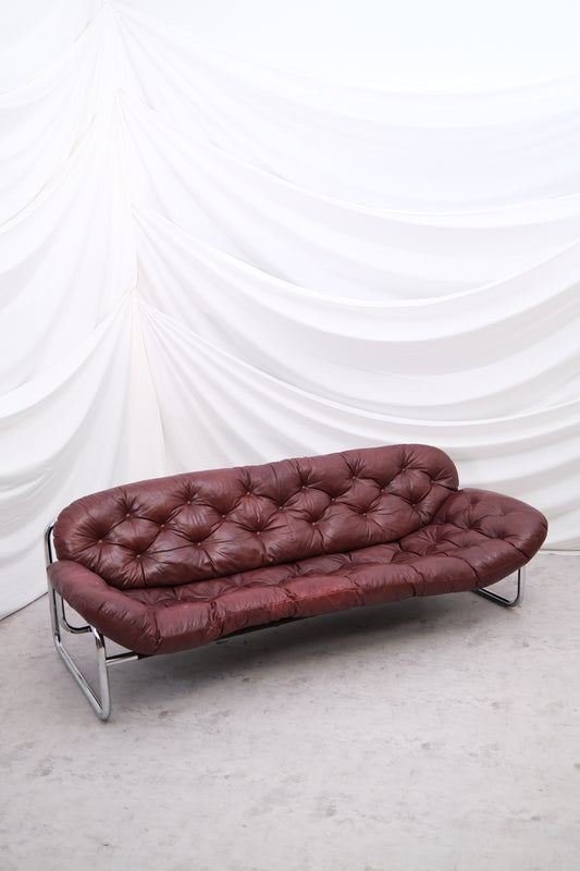 Vintage IKEA 3 Seater Sofa by Johan Bertil Häggström Dark Red Leather, 1970s