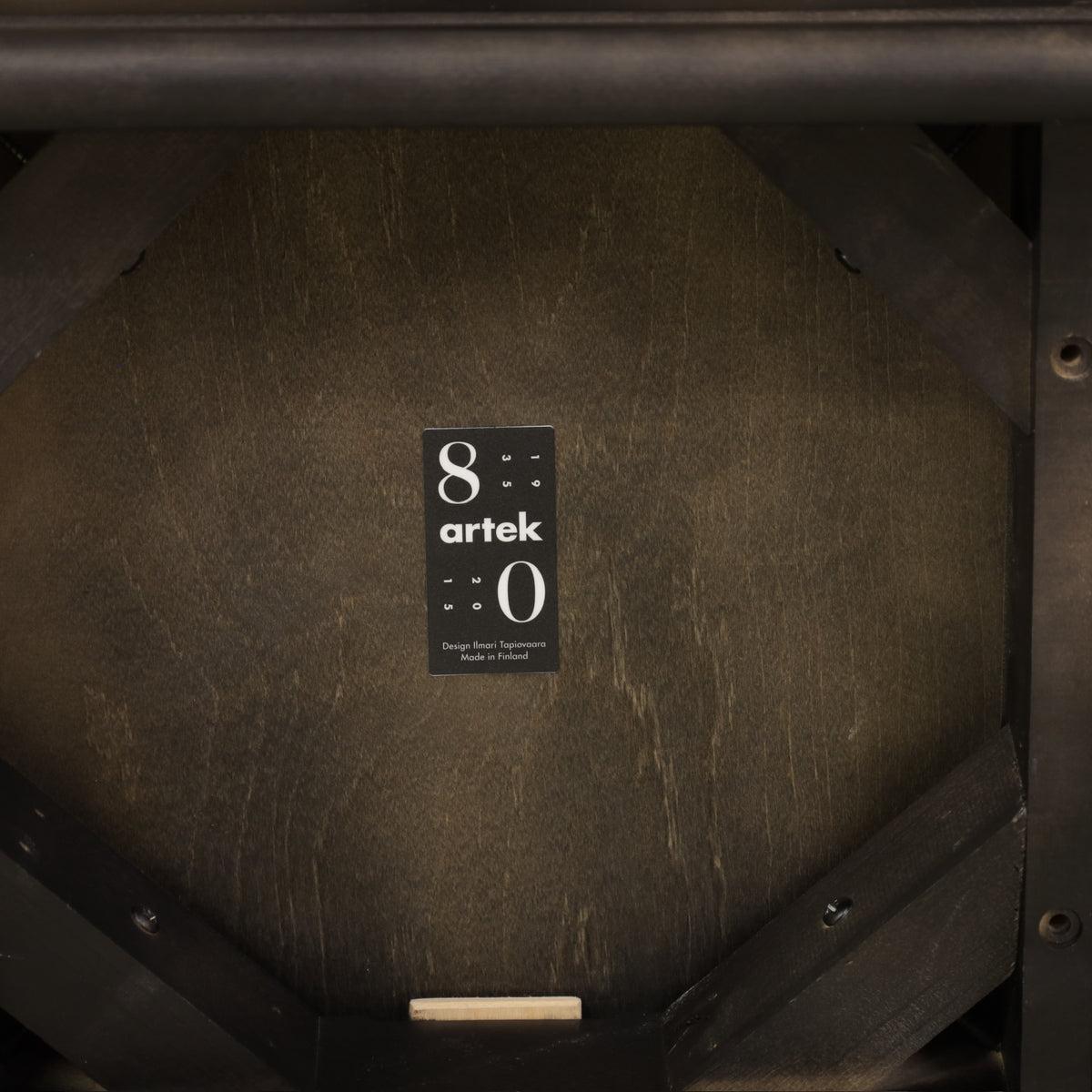 Artek Domus chair underside label, 80 years 1935–2015, Ilmari Tapiovaara, Made in Finland