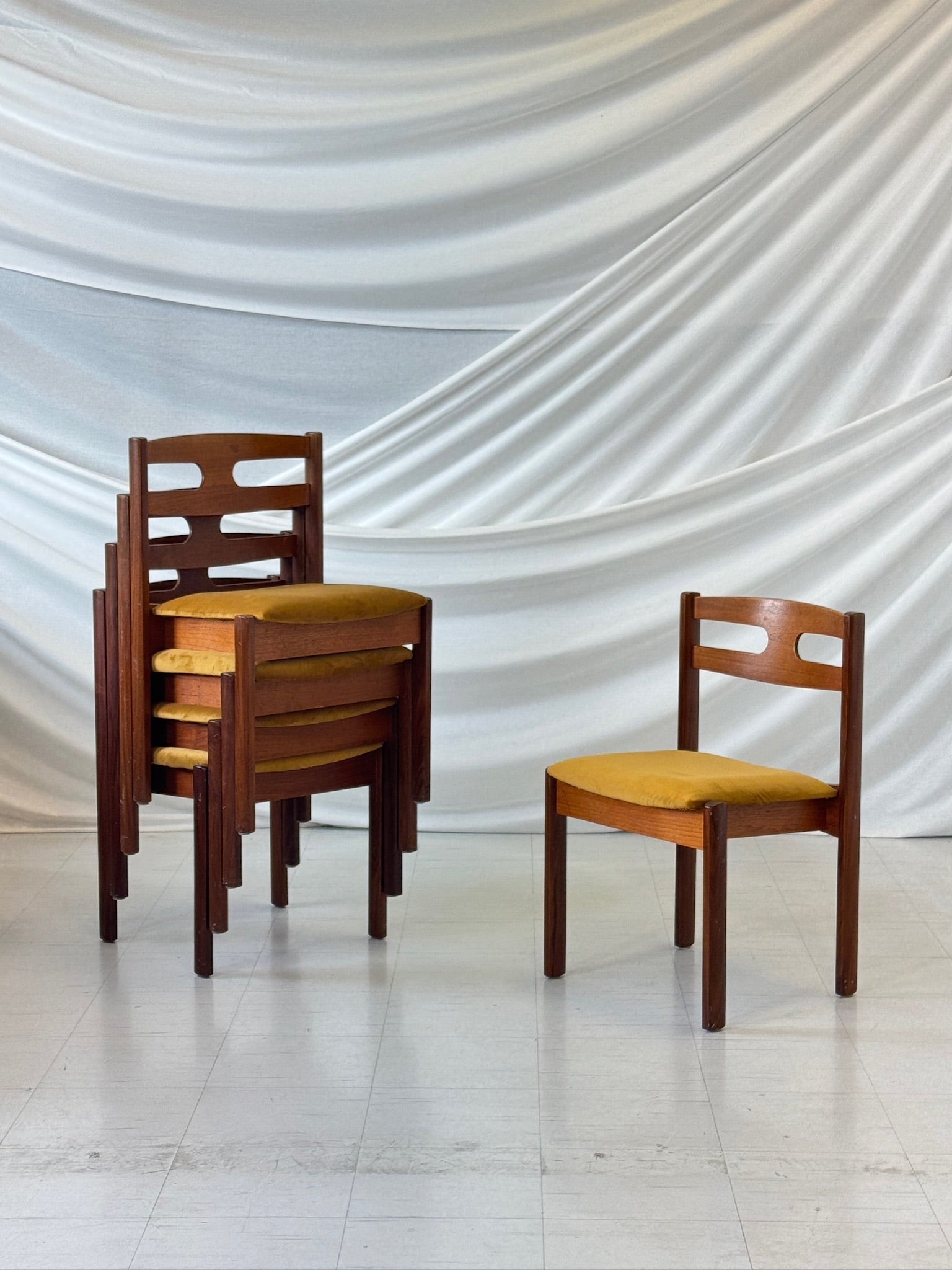 Pair of Esko Pajamies Palermo chairs in teak with mustard velvet seats, Finnish design from the 1960s