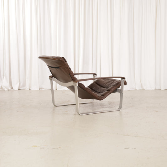 Ilmari Lappalainen Pulkka Lounge Chair in Brown Leather for Asko, rear view of Ilmari Lappalainen Pulkka lounge chair
