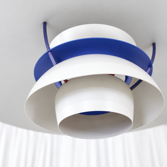 Poul Henningsen PH5 white pendant light for Louis Poulsen — layered shades and blue inner reflector