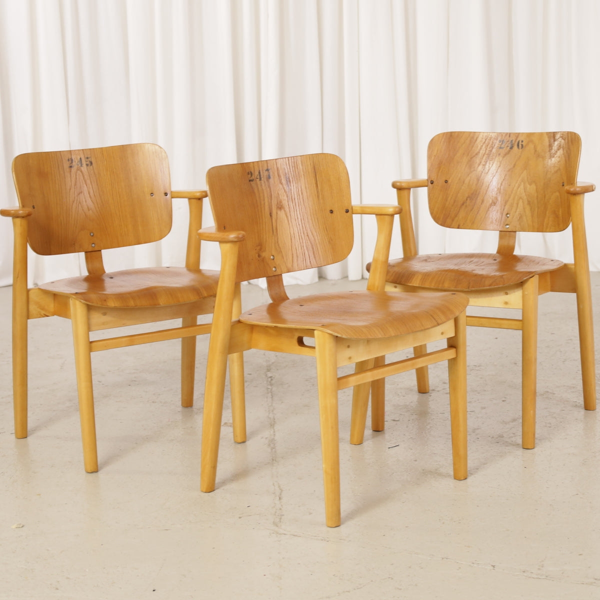 1950s Domus Chair with Oak Veneer by Ilmari Tapiovaara, three Domus chairs, angled group view