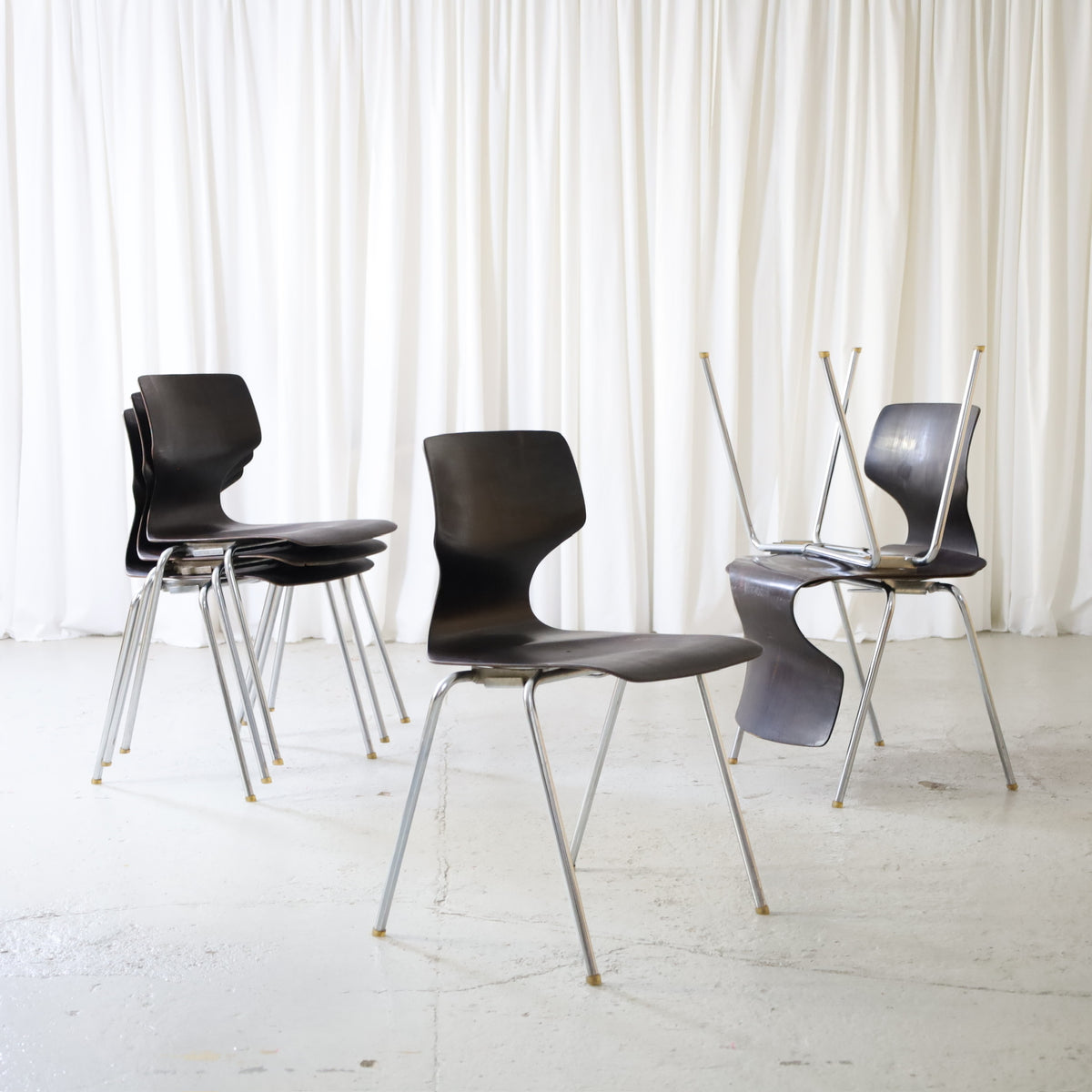 1970s Flötotto Pagholz Stacking Chair, six vintage Flötotto Pagholz stacking chairs