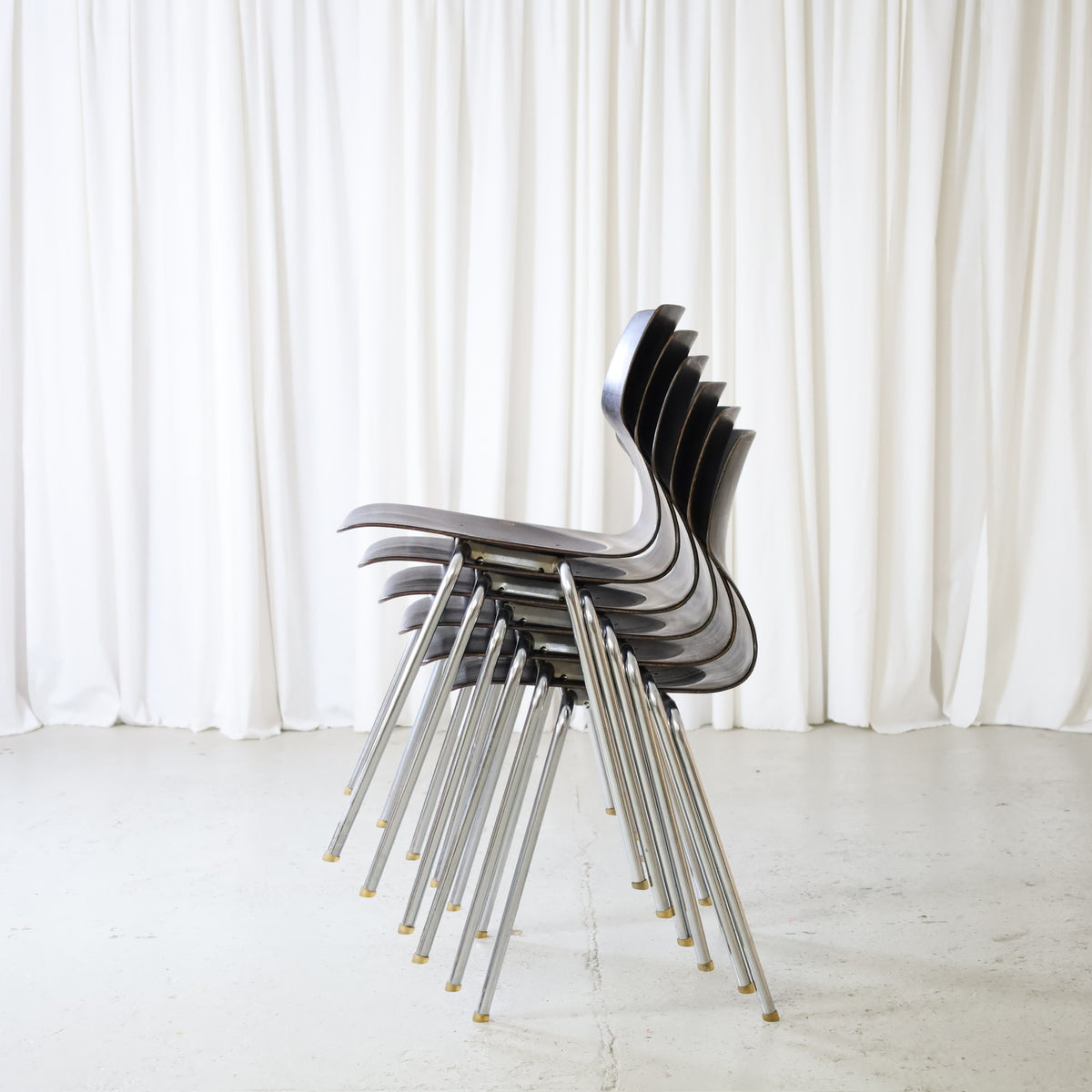1970s Flötotto Pagholz Stacking Chair, six vintage Flötotto Pagholz stacking chairs with chrome frames