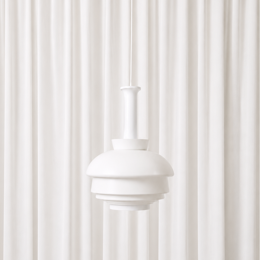 Rare vintage A335B pendant lamp by Alvar Aalto, manufactured in Finland by valaisinpaja. White metal shade with authentic wear and visible patina.