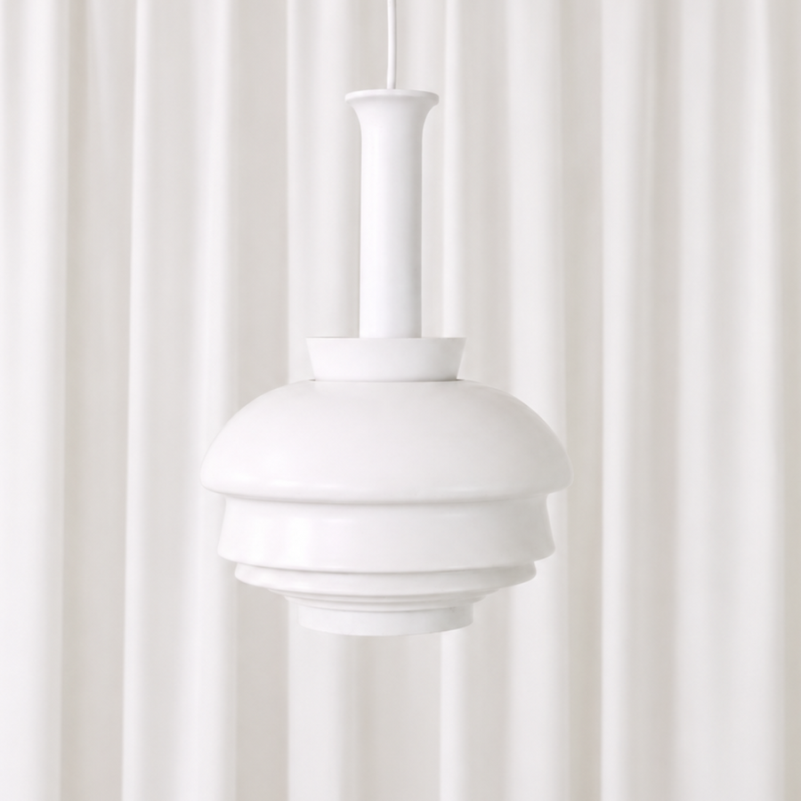 Vintage A335B pendant lamp designed by Alvar Aalto for Artek and manufactured in Finland by Valaisinpaja. A classic white Finnish design lamp.