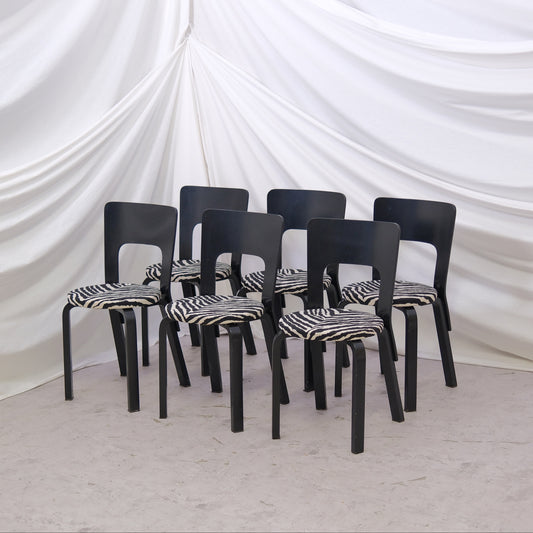 Alvar Aalto Artek Chair 66 Set of 6 | Black with Zebra Upholstery
