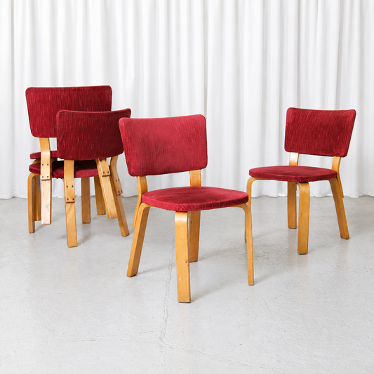 Vintage Alvar Aalto Chair 62 for Artek with a birch frame and deep red fabric upholstery. Beautiful patina and good vintage condition.