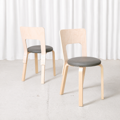 Alvar Aalto Chair 66 for Artek in natural birch with a dark grey upholstered seat. Manufactured in 2026 and in like-new condition. Sold individually.
