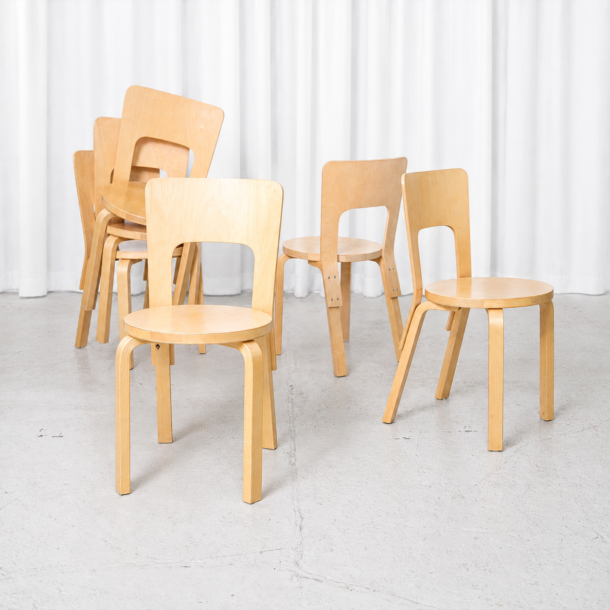 Vintage Alvar Aalto Chair 66 for Artek in natural birch. Good condition with light signs of use and a beautiful natural patina. Sold individually.