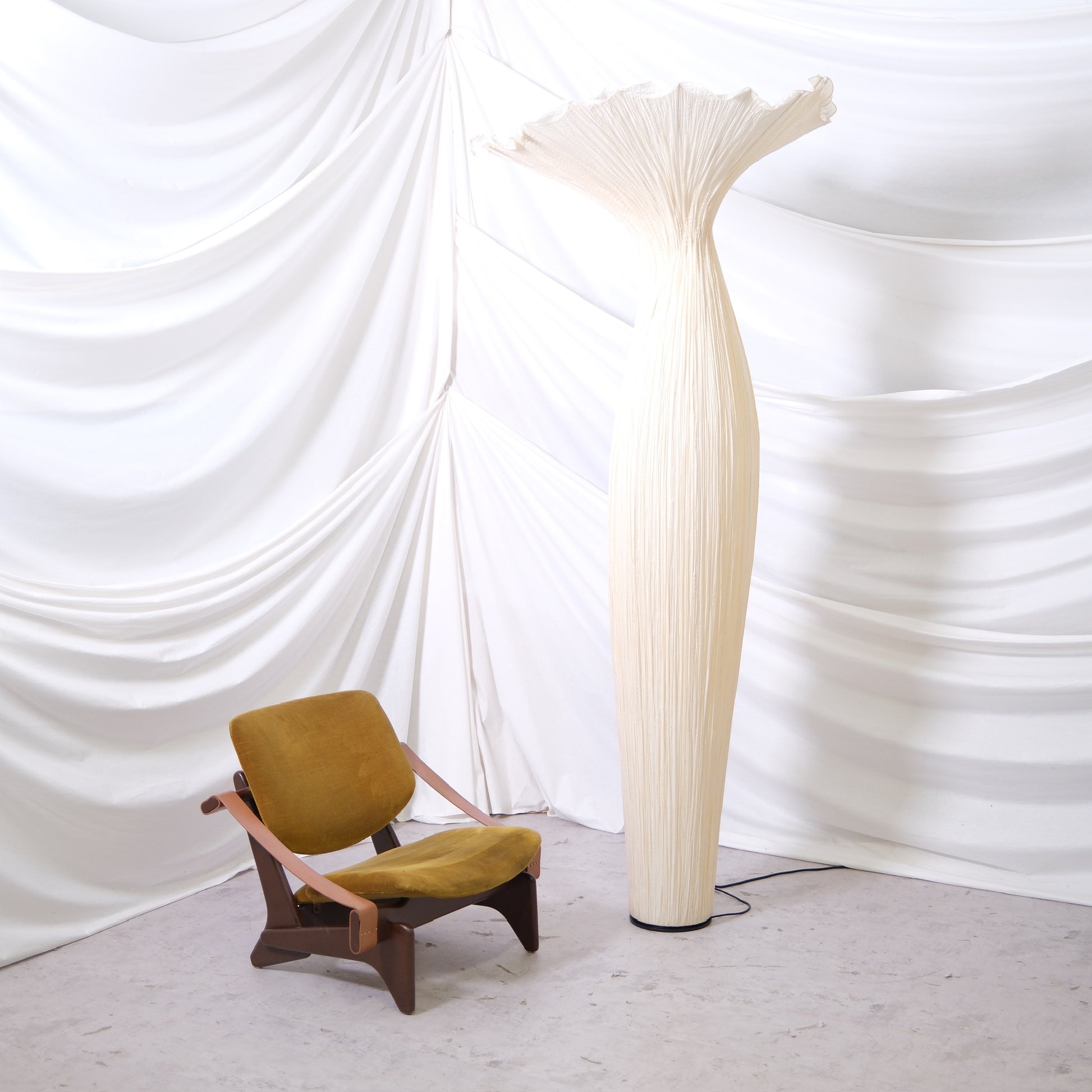 Aqua Creations Morning Glory floor lamp handcrafted in crushed silk over metal. Sculptural organic form and soft warm light. Helsinki pickup and worldwide shipping available.