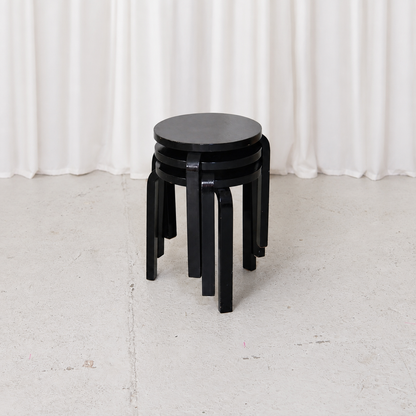 Vintage Artek Stool 60 by Alvar Aalto in later black paint. Iconic three-legged Finnish birch stool designed in 1933. Good, sturdy vintage condition.