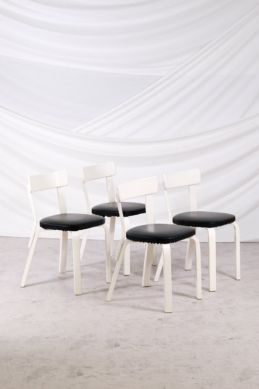 Artek 69 Chairs White Frame with Leather Upholstery (4 pcs)