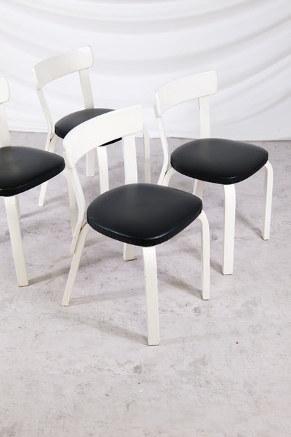 Artek 69 Chairs White Frame with Leather Upholstery (4 pcs)