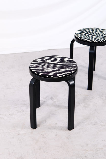 Artek E60 Stools, Black with Zebra Cushions
