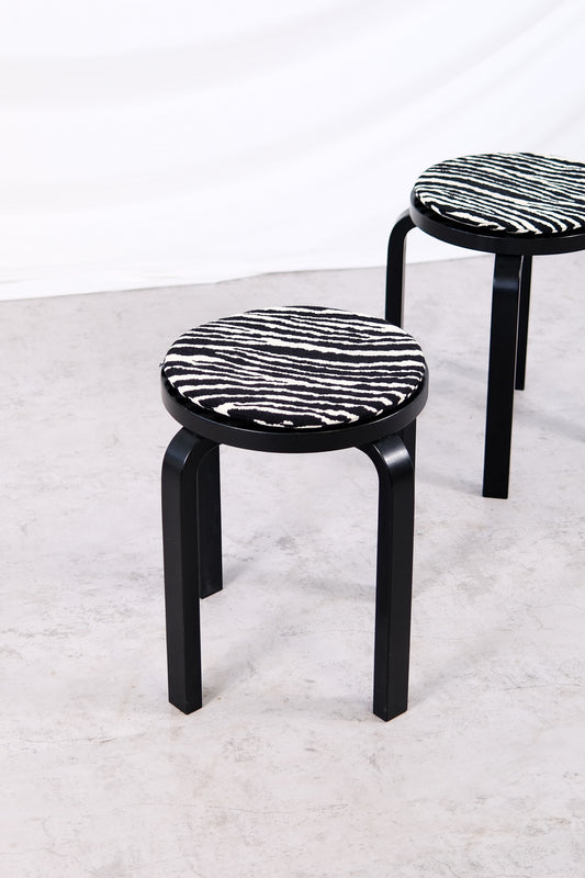 Artek E60 Stools, Black with Zebra Cushions