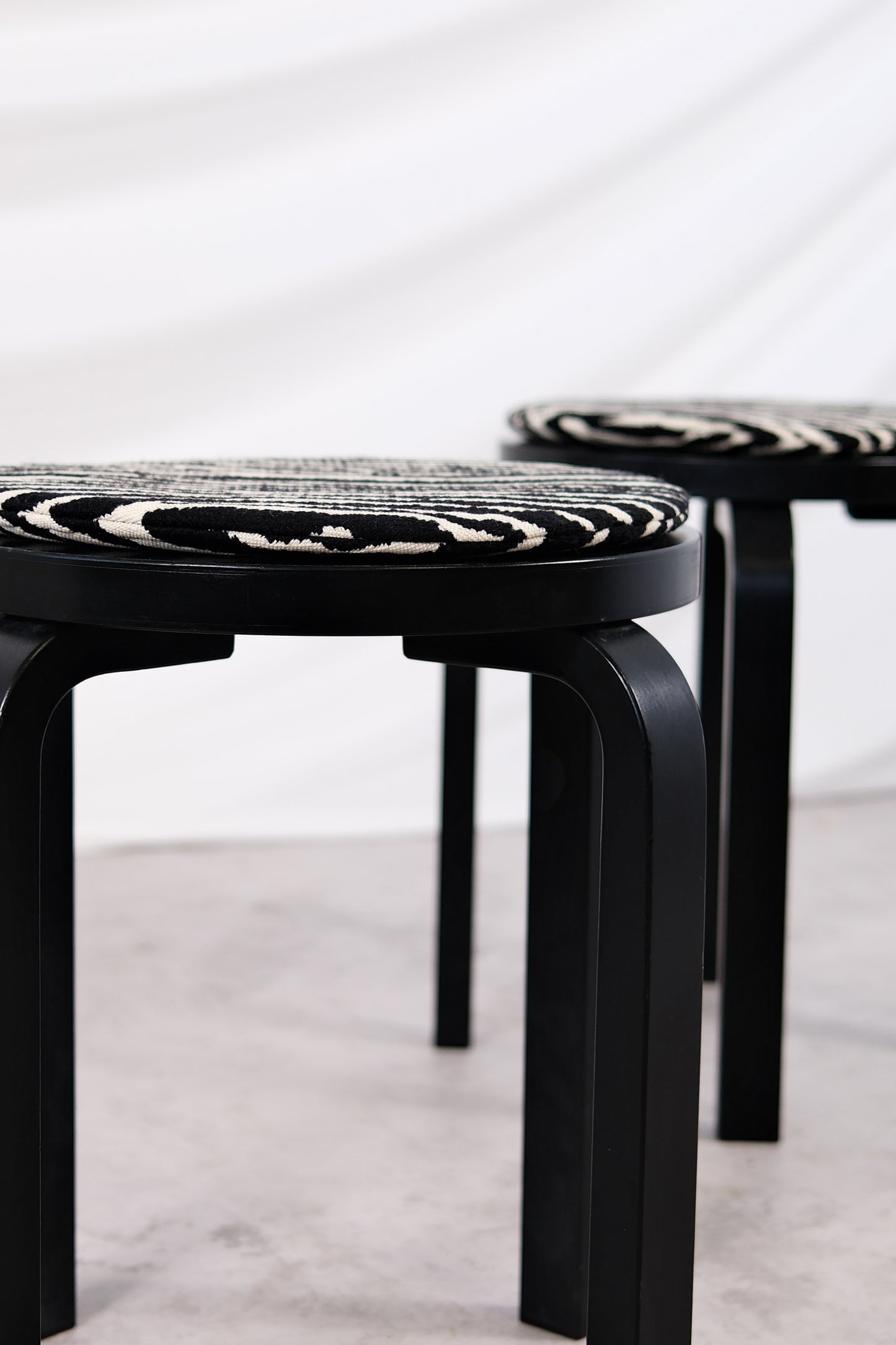 Artek E60 Stools, Black with Zebra Cushions
