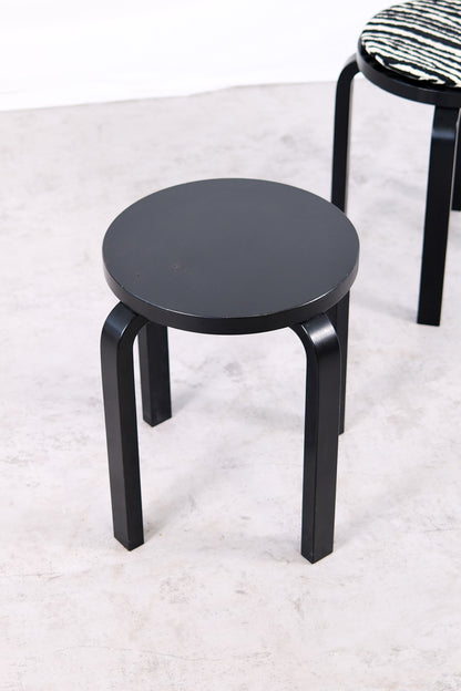 Artek E60 Stools, Black with Zebra Cushions