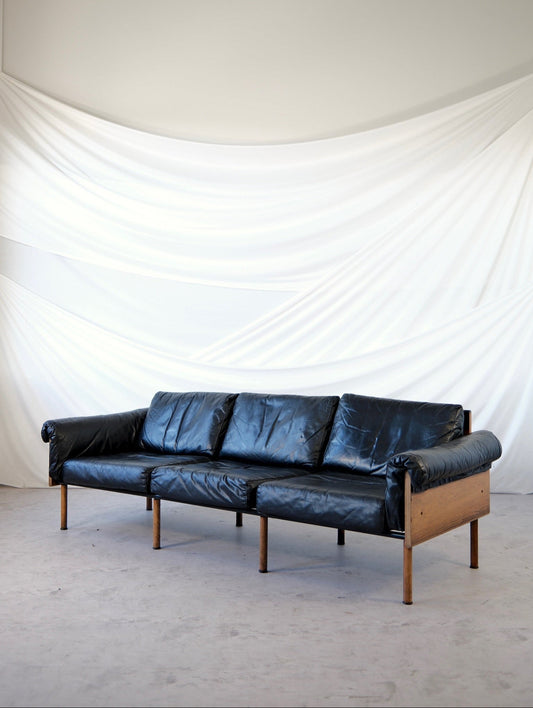 Yrjö Kukkapuro Ateljee 3-Seater Sofa Black Leather & Rosewood Frame