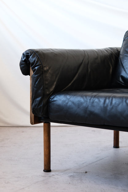 Yrjö Kukkapuro Ateljee 3-Seater Sofa Black Leather & Rosewood Frame