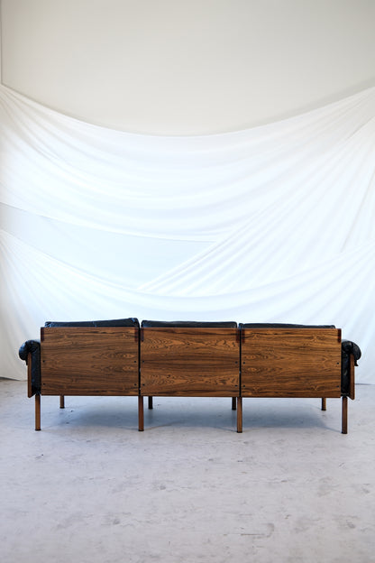 Yrjö Kukkapuro Ateljee 3-Seater Sofa Black Leather & Rosewood Frame