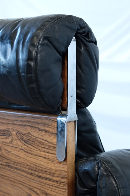 Yrjö Kukkapuro Ateljee 3-Seater Sofa Black Leather & Rosewood Frame