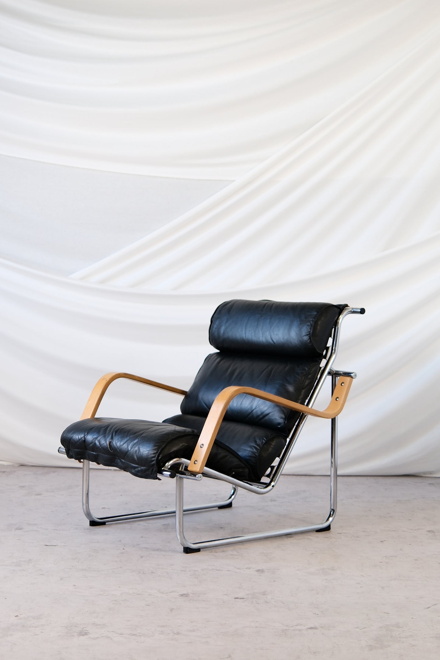 Yrjö Kukkapuro Remmi Armchair Black Leather, Chrome & Wooden Armrests
