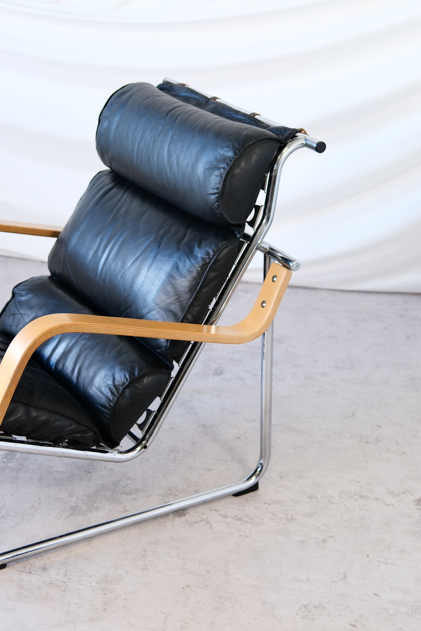 Yrjö Kukkapuro Remmi Armchair Black Leather, Chrome & Wooden Armrests