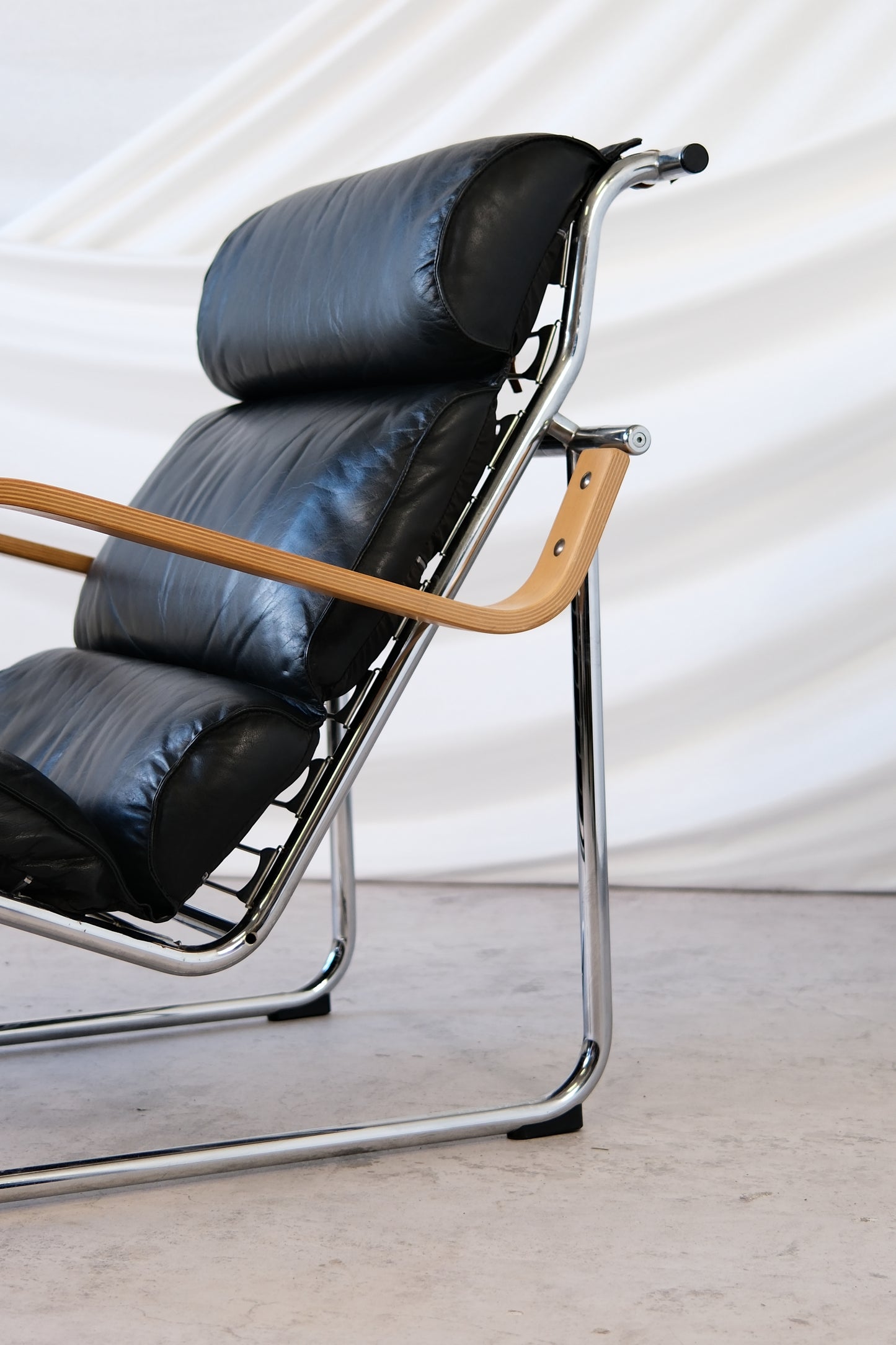 Yrjö Kukkapuro Remmi Armchair Black Leather, Chrome & Wooden Armrests
