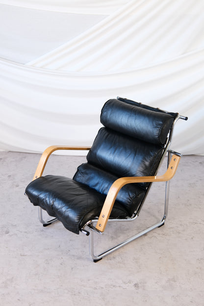 Yrjö Kukkapuro Remmi Armchair Black Leather, Chrome & Wooden Armrests