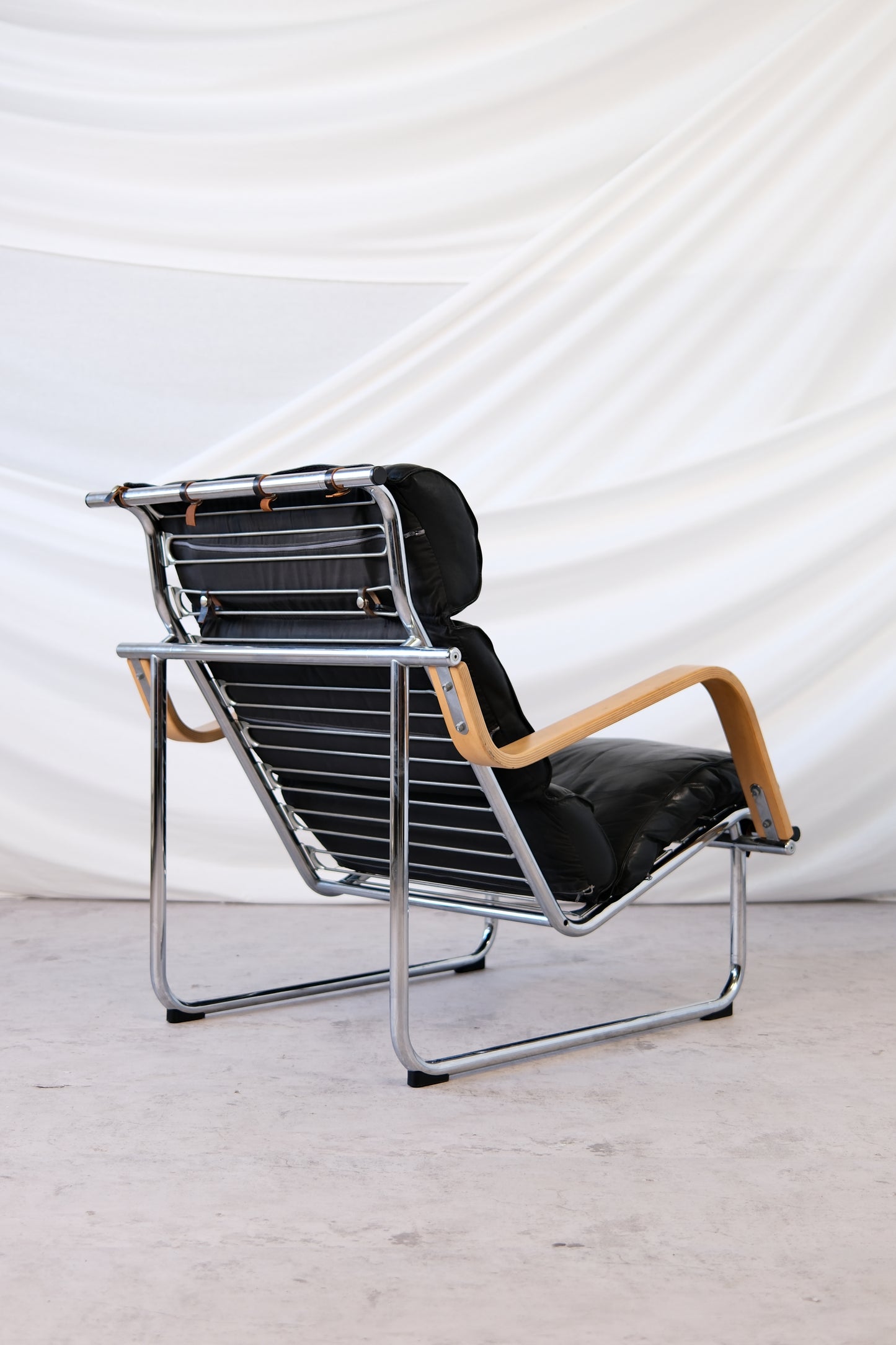 Yrjö Kukkapuro Remmi Armchair Black Leather, Chrome & Wooden Armrests