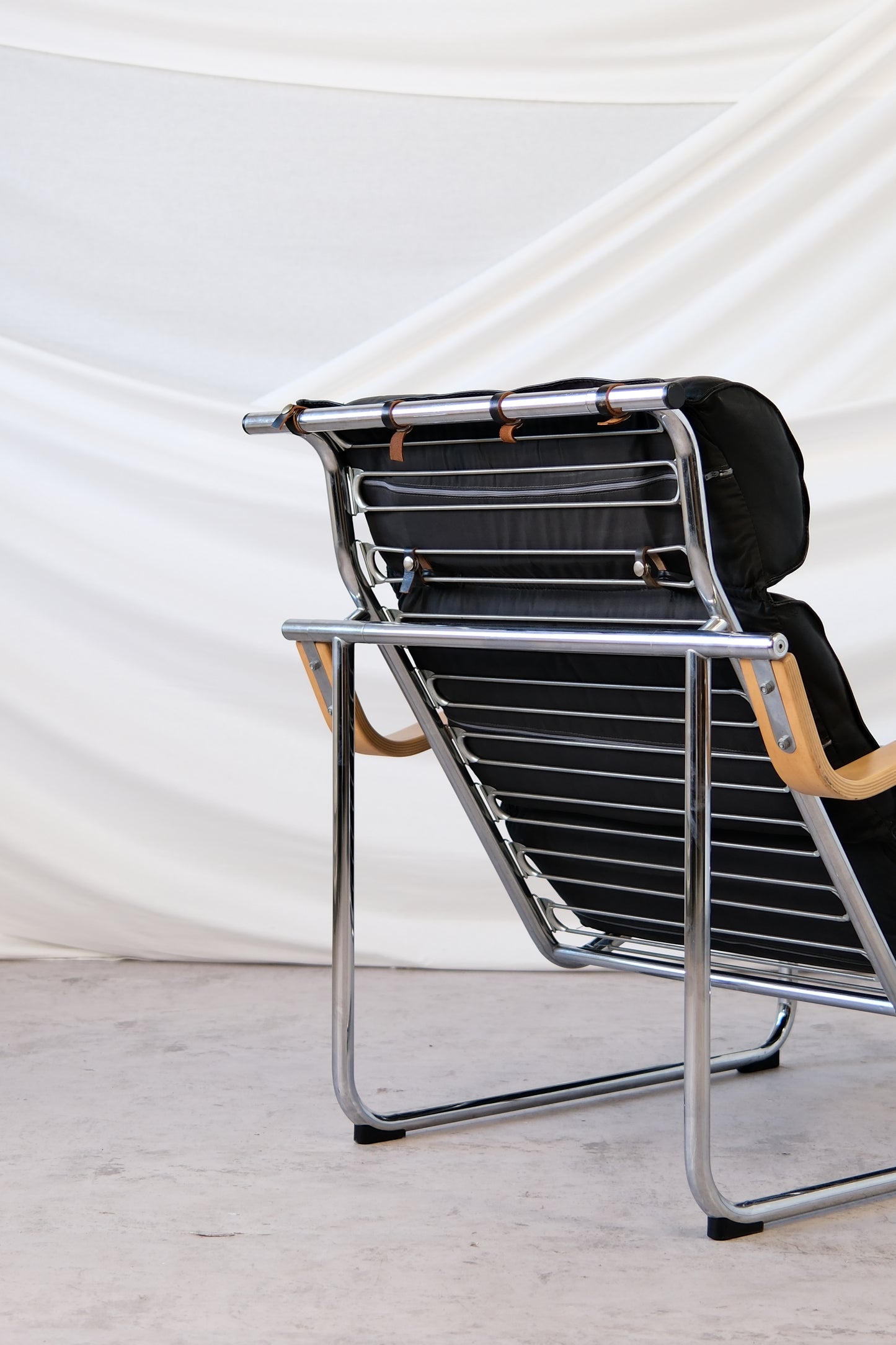 Yrjö Kukkapuro Remmi Armchair Black Leather, Chrome & Wooden Armrests