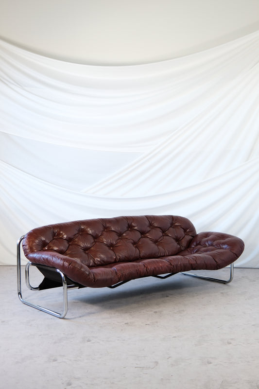 Vintage IKEA 3 Seater Sofa by Johan Bertil Häggström Dark Red Leather, 1970s