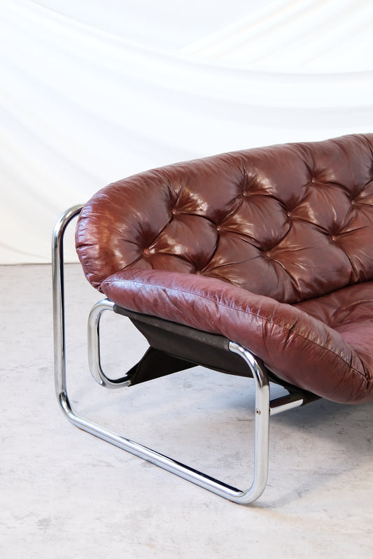 Vintage IKEA 3 Seater Sofa by Johan Bertil Häggström Dark Red Leather, 1970s