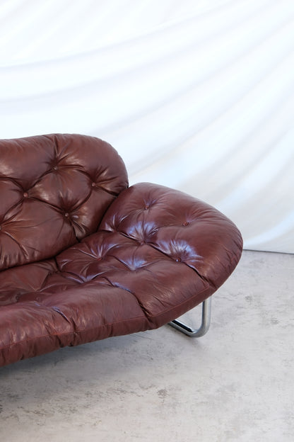 Vintage IKEA 3 Seater Sofa by Johan Bertil Häggström Dark Red Leather, 1970s