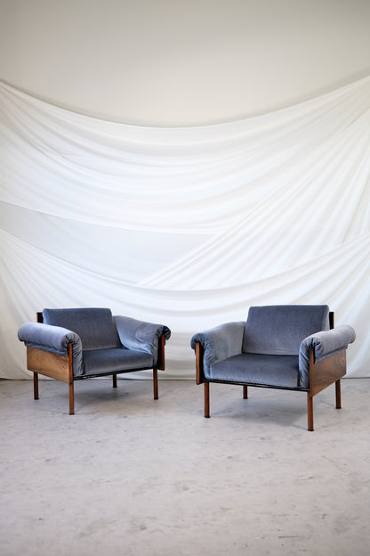 Yrjö Kukkapuro Ateljee chair, Ateljee armchair, blue velvet armchair, Finnish design chair, Haimi furniture, mid century Scandinavian design, rosewood armchair, Kukkapuro lounge chair, Pino Interiors