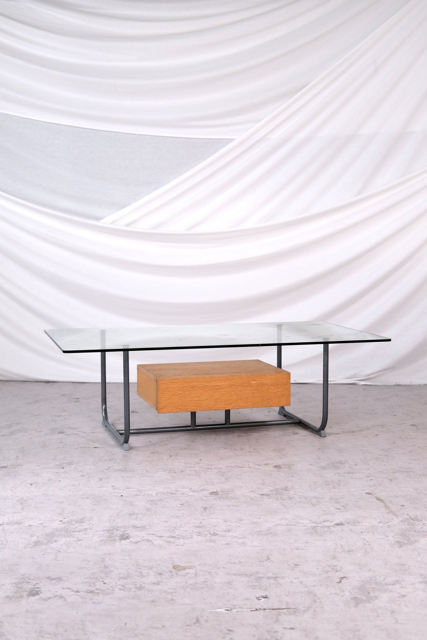 Vintage IKEA Hemberg coffee table with glass top and oak drawer, 1999