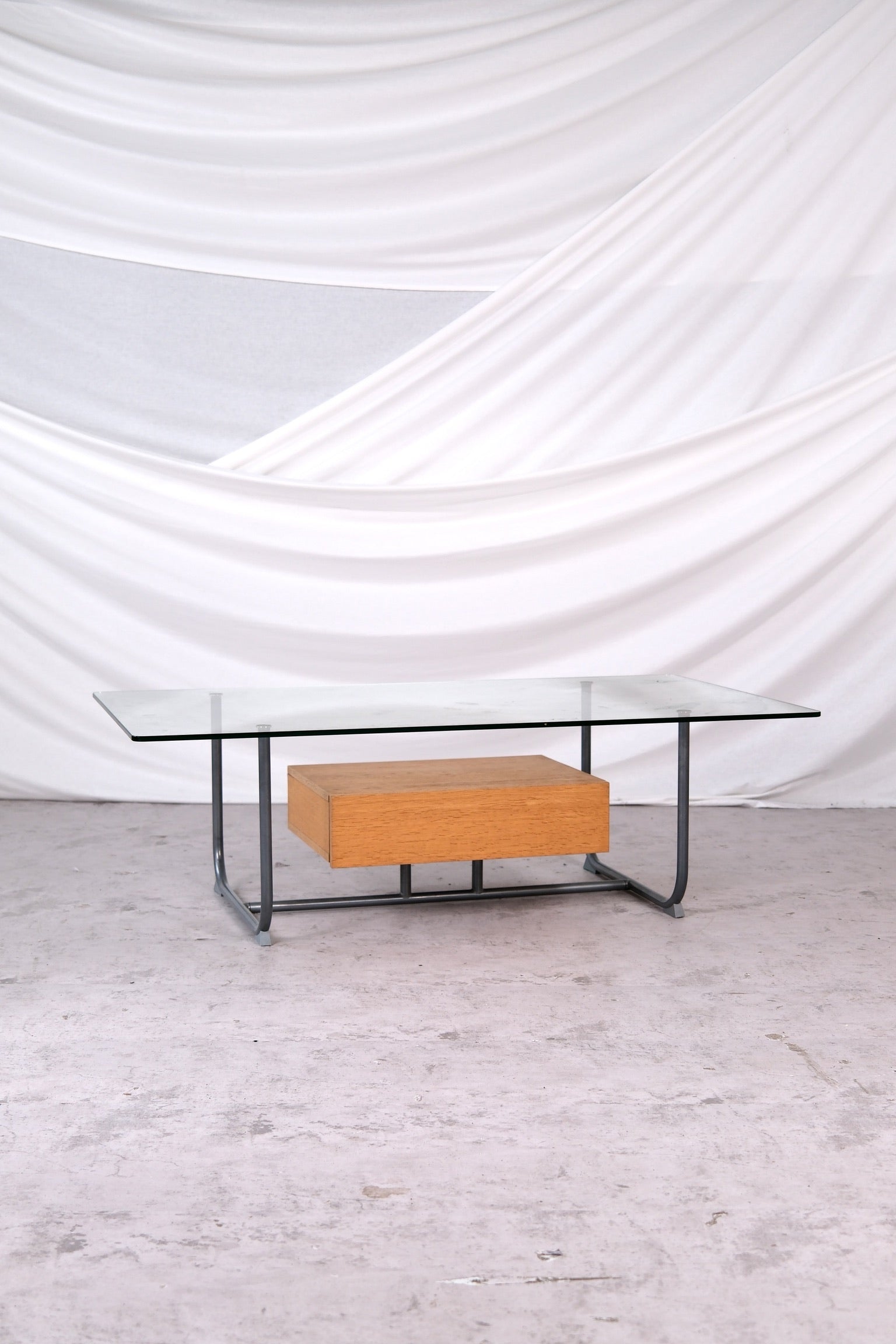 Vintage IKEA Hemberg coffee table with glass top and oak drawer, 1999