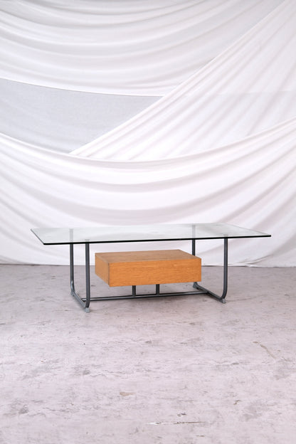 Vintage IKEA Hemberg coffee table with glass top and oak drawer, 1999