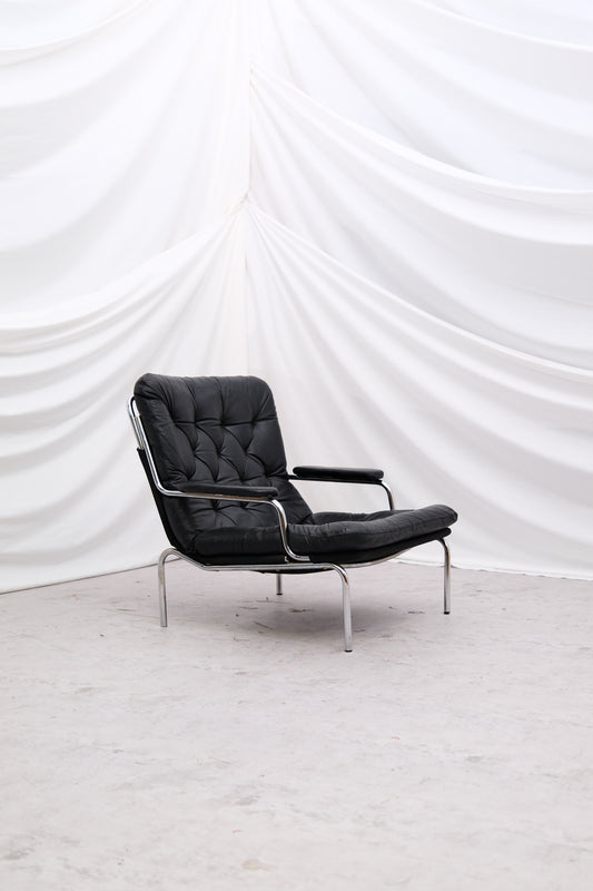 Vintage Danish Leather Armchair Chrome Frame, 1970s